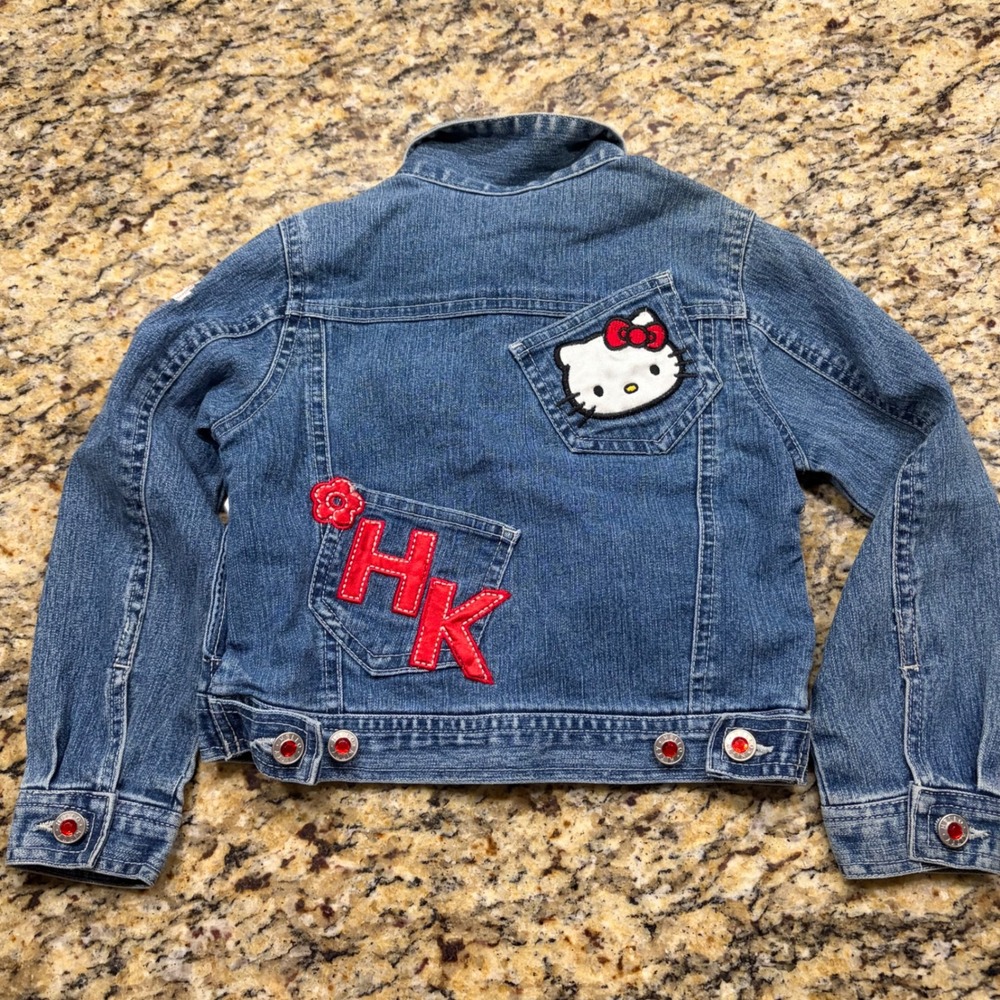 Vintage Sanrio Hello Kitty Denim Jacket Girl Medium Wash Red Rhinestone ws